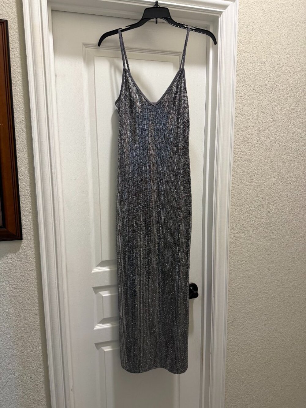 NWT Bebe Sequin Spaghetti Gown Long Slim Maxi Dress Silver Size Small